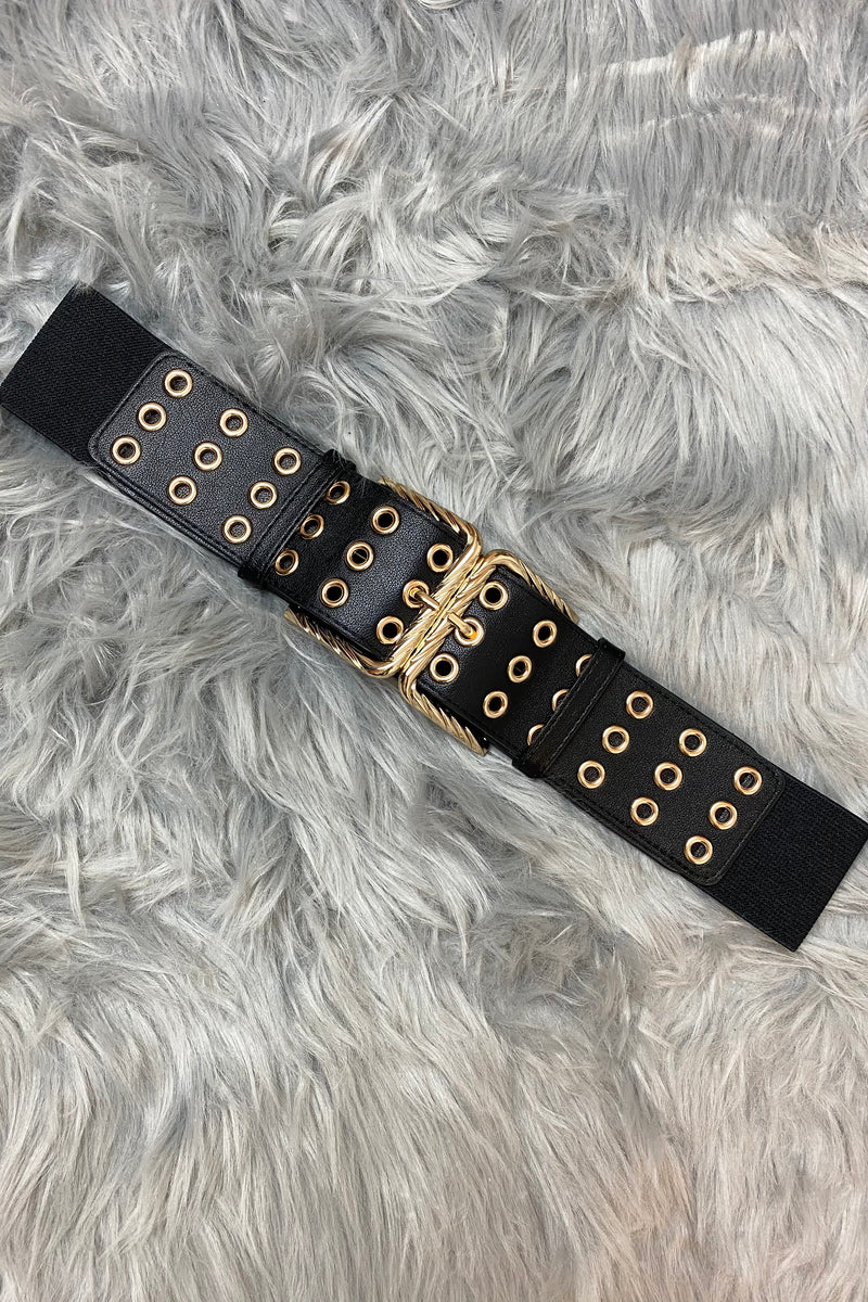 Cintura elastica nera con fibbia e borchie dorate